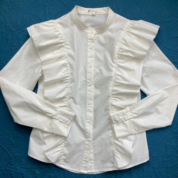 Nylon Apparel USA Shirt Ruffle Button-Up Blouse Ivory Size Large - Picture 2 of 16